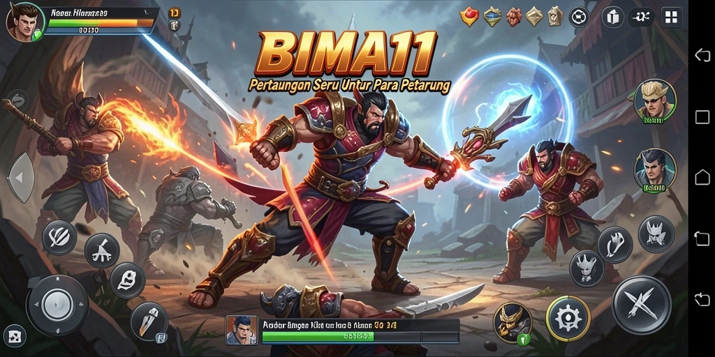 Tampilan screenshot utama BIMA11 menampilkan aksi pertarungan seru antara karakter.