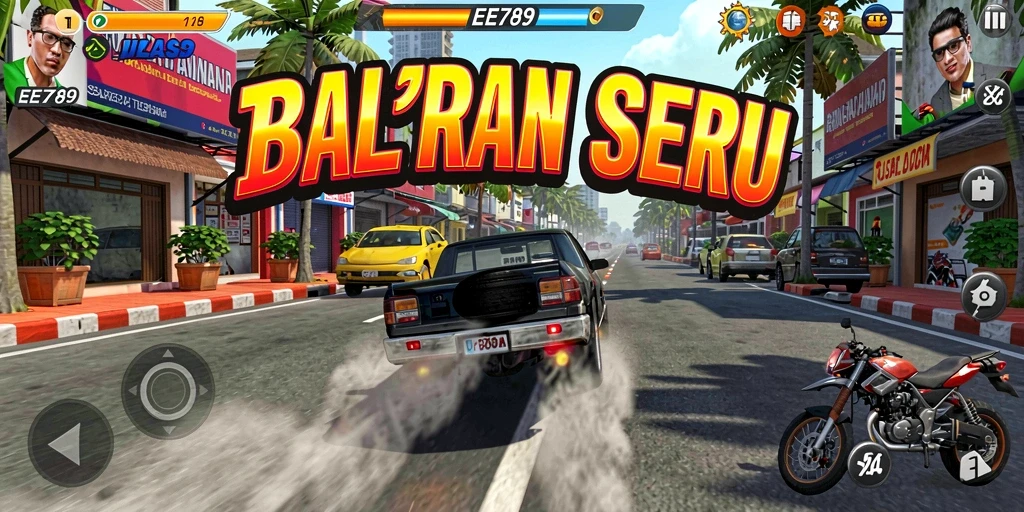 Screenshot gameplay EE789 menampilkan aksi balap yang mendebarkan.