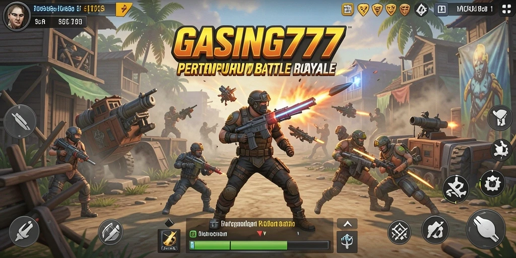 Screenshot gameplay GASING777 menunjukkan pertempuran intens di arena Battle Royale.